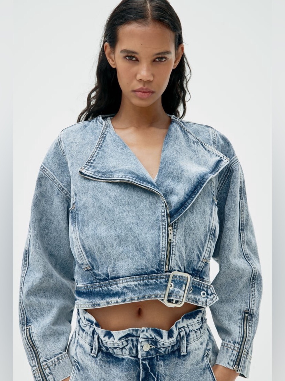 NWT ZARA WASHED EFFECT DENIM MOTO JACKET LIGHT BLUE